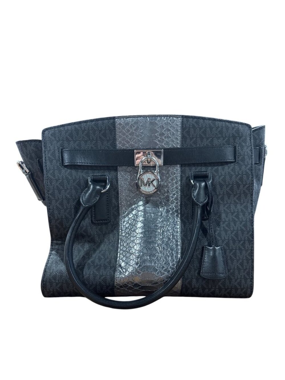 Michael Kors Black & Silver Python-Embossed Tote Bag With Logo Charm Spacious